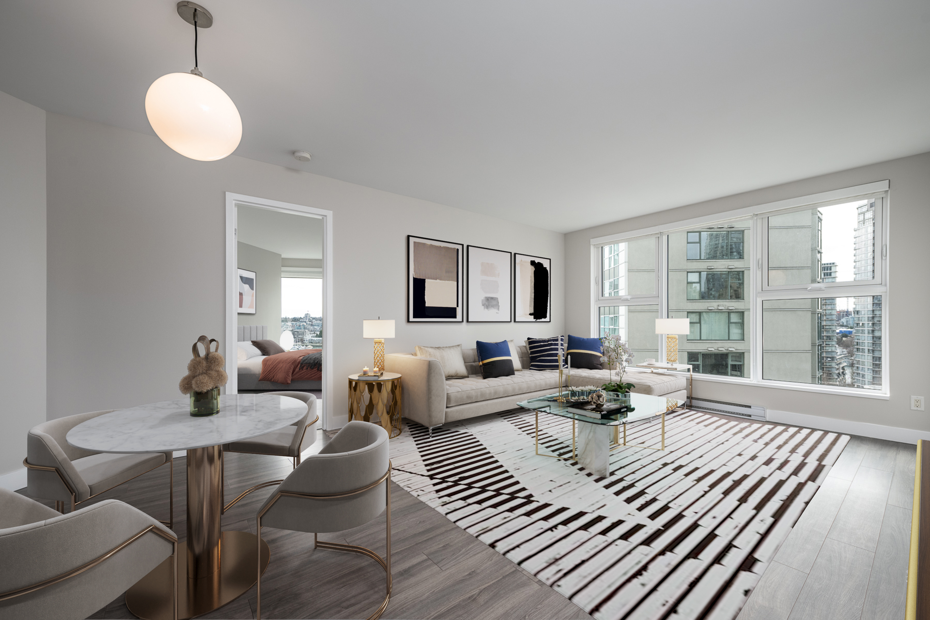 1306 1323 Homer Street Vancouver, living and dining room with False Creek view windows